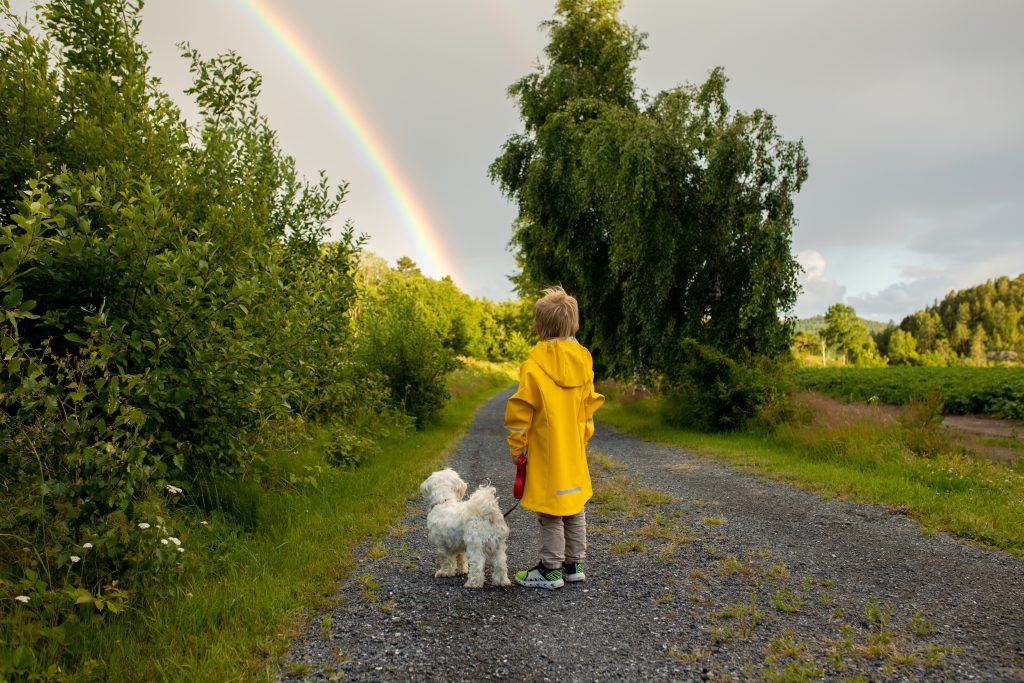 Gutt og hun på en vei med regnbuen over seg